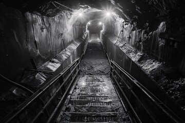 A black and white image of a train emerging from a tunnel mining site, showcasing the powerful movement and contrast of light and shadow - Powered by Adobe