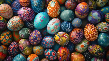 A stack of vibrant Easter eggs made with natural food dyes and displayed in a colorful pattern. The...