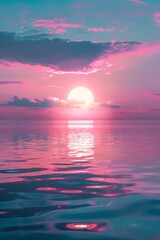 Tranquil sea at neon sunset. Summer vacation concept. Retrowave, synthwave, vaporwave aesthetics. Retro style, webpunk, retrofuturism. Illustration for design, print, poster, wallpaper