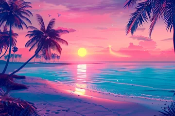 Zelfklevend Fotobehang Tropical beach at neon sunset. Retrowave, synthwave, vaporwave aesthetics. Retro style, webpunk, retrofuturism. Illustration for design, print, poster. Summer vacation concept. © dreamdes