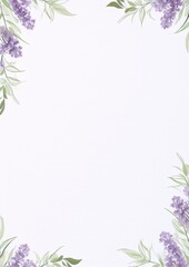 Obraz premium Delicate watercolor floral frame with purple lilac flowers and green leaves on white background, perfect for wedding invitations, greeting cards, and other special occasions.
