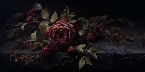 wilted pink rose and other flowers with green leaves on a marble slab, dark background, still life, oil painting, realism, muted colors