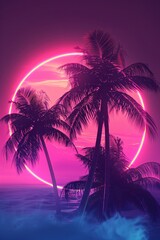 Palm trees with a neon circle in the background. Retrowave, synthwave, vaporwave aesthetics. Retro style, webpunk, retrofuturism. Illustration for design, print, poster, wallpaper. Summer vacation 