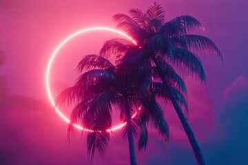 Palm trees with a neon circle in the background. Retrowave, synthwave, vaporwave aesthetics. Retro style, webpunk, retrofuturism. Illustration for design, print, poster, wallpaper. Summer vacation 