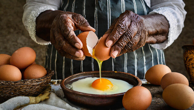 Close-up of an Elderly Black Woman Cracking an Egg, with Focus on the Egg, in a Simple and Rustic Setting.