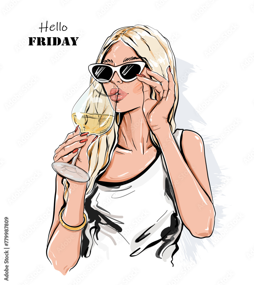 Wall mural Beautiful blond hair woman in sunglasses with glass of wine. Stylish woman drinking. Vector illustration