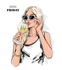Beautiful blond hair woman in sunglasses with glass of wine. Stylish woman drinking. Vector illustration