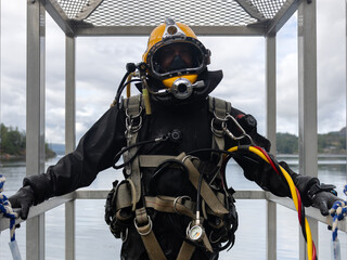 Professional diver ready to enter water - obrazy, fototapety, plakaty