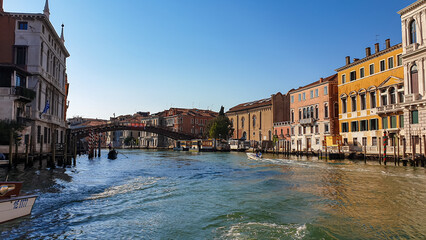 Panoramic  view of Grand Canal in city of Venice, Veneto, Italy, Europe. Famous landmarks along...