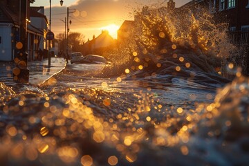 The sun sets over a flooded street, casting a warm glow on the water and highlighting the submerged road signs and debris