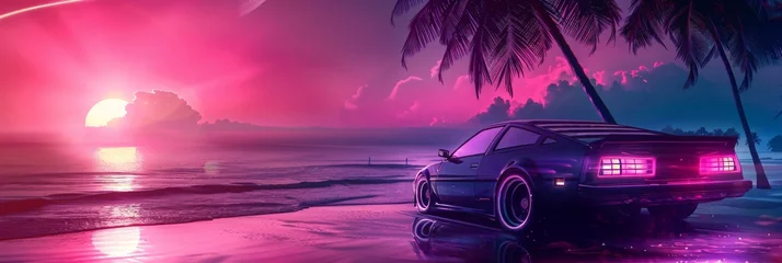 Store enrouleur occultant Rose  Retro car in a tropical neon landscape. Retrowave, synthwave, vaporwave aesthetics. Retro style, webpunk, retrofuturism. Illustration for design, print, poster with copy space. Summer vacation concept