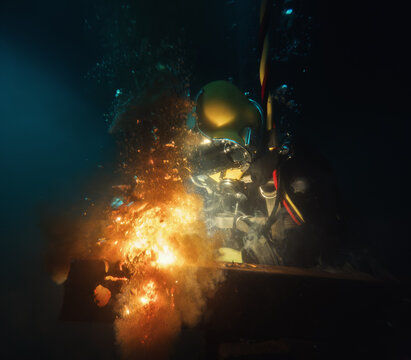 Commercial diver welding and cutting underwater