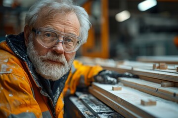 A senior man with a beard and safety glasses working in a woodworking shop, surrounded by wooden frames