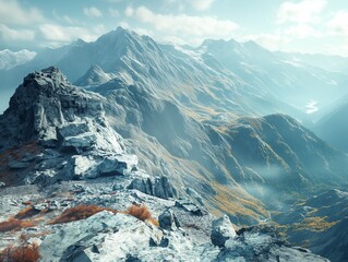 A mountain range with snow and rocks. The mountains are covered in snow and the rocks are covered in snow as well. The sky is cloudy and the mountains are in the distance - obrazy, fototapety, plakaty