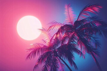 Naklejka premium Palm trees against a neon sunset. Retrowave, synthwave, vaporwave aesthetics. Retro style, webpunk, retrofuturism. Illustration for design, print, poster. Summer vacation concept.