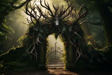 Majestic Deer stag waiting gateway. Amazing background. Generate Ai - obrazy, fototapety, plakaty