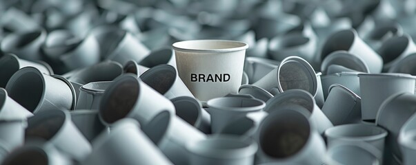 A coffee cup with the word BRAND written on it is placed in an endless pile of gray paper cups in a closeup shot. - obrazy, fototapety, plakaty