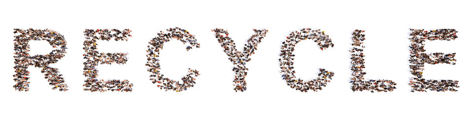 Concept conceptual large community of people forming the RECCYCLE word. 3d illustration metaphor for ecology, environment, conservation, eco friendly, renewable resources  and alternative energy