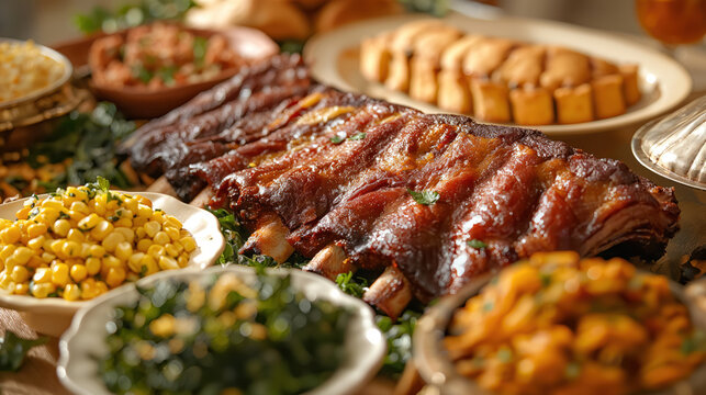 Savory Barbecue Ribs Feast with Side Dishes on a Wooden Table