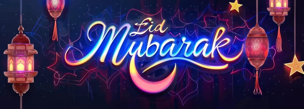 Blue and yellow glowing neon text Eid Mubarak
