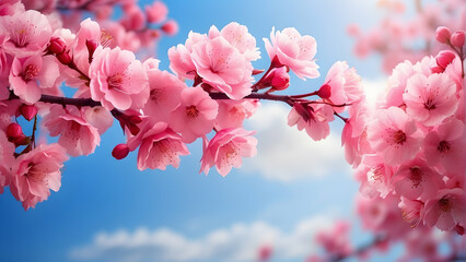 Fototapeta premium Pink cherry blossoms in full bloom against a clear blue sky, epitomizing the spring season's joy and warmth