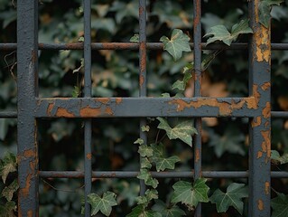 A rusted iron gate with ivy growing through the bars. The gate is old and worn, with a few spots of rust. The ivy is green and lush, growing through the bars and adding a touch of nature to the scene