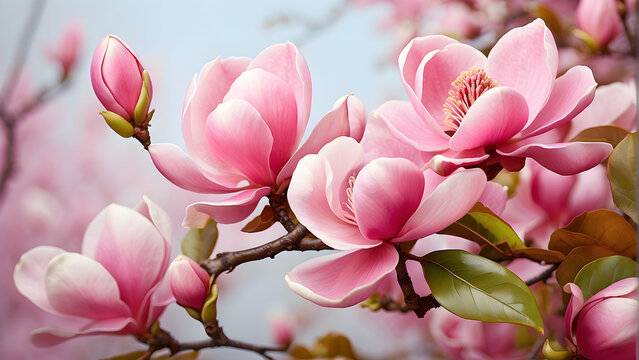 Close-up of vibrant pink magnolia flowers highlighting the beauty and freshness of spring, signaling the change of seasons