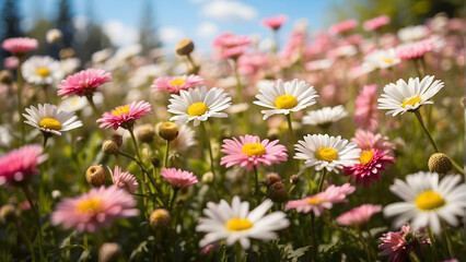 Fototapeta premium A field of daisies capturing the essence of spring with their vibrant colors and full blossoms These flowers symbolize new beginnings and the beauty of nature