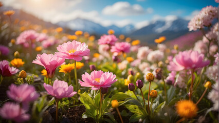 Obraz premium A scenic display of vivid pink flowers blossoming against a backdrop of majestic mountains inviting the freshness of spring
