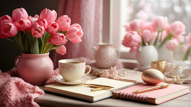 A cozy indoor spring setting featuring fresh tulips in a vase, a warm cup of tea, and elegant stationery, offering a sense of comfort and creativity