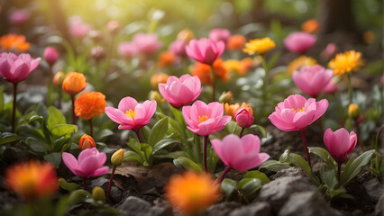 A breath-taking image of colorful spring tulips in golden sunlight, evoking warmth and beauty during the spring season