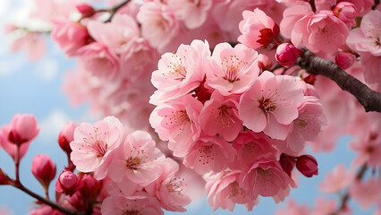 Obraz premium Gorgeous cherry blossom branch showcasing delicate pink blossoms against a soft blue sky for spring