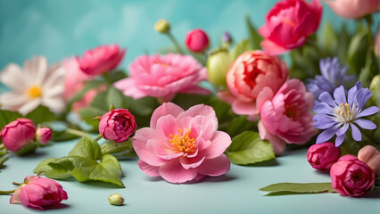 Beautiful arrangement of various spring flowers against a teal backdrop with a focus on the central pink flower