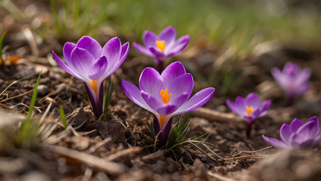 This image with a 190-character description showcases the early spring emergence of purple crocuses, symbolizing rebirth and new beginnings