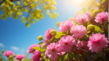Fototapeta na wymiar A breathtaking view of radiantly blooming pink flowers contrasted against a vivid blue sky, embodying the essence of spring and new life