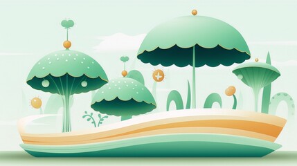 Whimsical green and orange illustration of a surreal landscape with large mushrooms and plants.