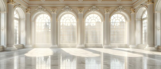 Elegant Ballroom with Arched Windows and Marble Columns. Concept Luxurious Setting, Classic Elegance, Architectural Details, High-End Decor, Grand Ballroom - obrazy, fototapety, plakaty