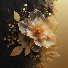Piękny abstrakcyjny kwiat, złoty na czarnym tle, generative ai