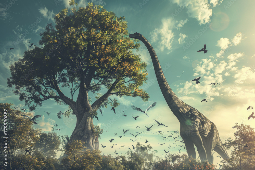 Poster a large dinosaur is walking through a forest with a tree in the foreground