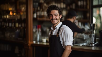 Portrait photograph of barista cafe employee standing behind bar