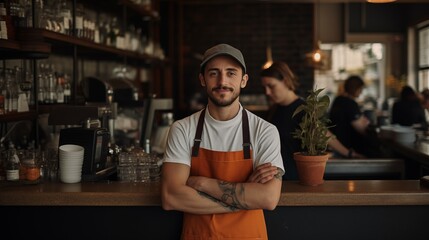 Fototapeta na wymiar Portrait photograph of barista cafe employee standing behind bar