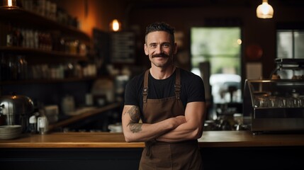 Obraz premium Portrait photograph of barista cafe employee standing behind bar