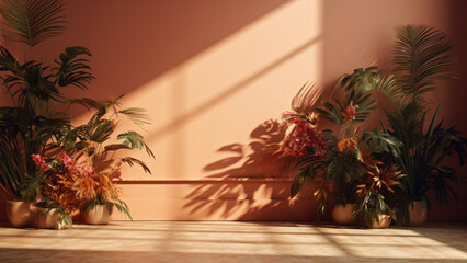 Potted plants casting shadows on a warm peach colored wall empty room. Modern eco friendly interior design