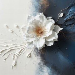 Piękny biały kwiat, na biało granatowym tle, imopasto, dekoracja generative ai