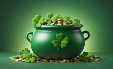 Pot of luck with coins, shamrocks and clovers, Banner, St. Patrick's Day, green background, vignette , detailed