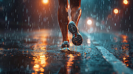 Close-up of sports shoes on a treadmill in a stadium on evening and rain, copy space for promotion. Sportsman in comfortable sneakers running along red rubberized track on urban ground - Powered by Adobe