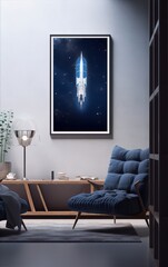 spaceship in starry night sky, blue and white colors, digital art, interior design, home decor