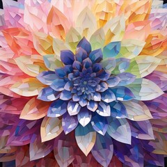 Colorful, layered paper flower, vibrant petals in a rainbow of hues.
