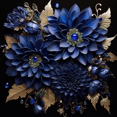 Dark blue flowers, gold accents, intricate details.
