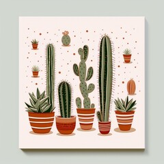 Cacti in terracotta pots, a whimsical design.
